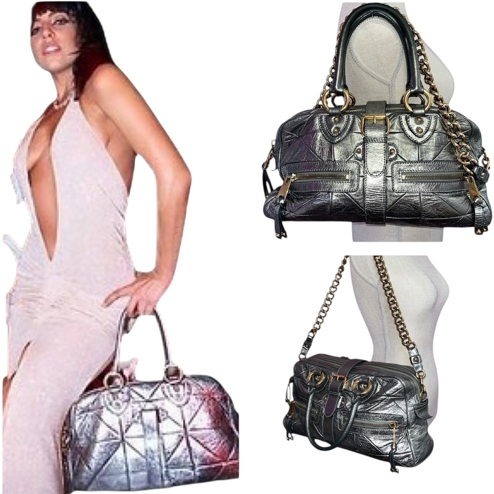 Marc Jacobs Y2K Quilted Venetia Metallic Gunmetal Leather Satchel w/ Chain Strap